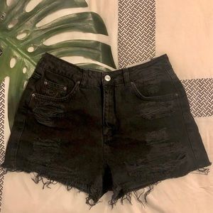 TopShop High Waisted Ripped Denim Shorts Black